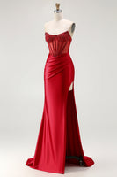 Load image into Gallery viewer, Sparkly Red Mermaid Satin Beaded Long Corset Prom Dress with Slit