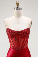 Load image into Gallery viewer, Sparkly Red Mermaid Satin Beaded Long Corset Prom Dress with Slit