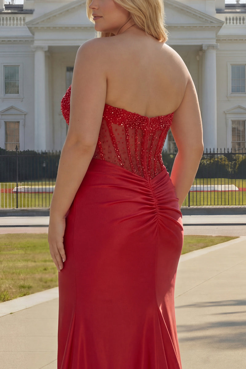 Load image into Gallery viewer, Sparkly Plus Size Mermaid Red Satin Beaded Long Corset Prom Dress with Slit
