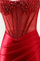 Load image into Gallery viewer, Sparkly Red Mermaid Satin Beaded Long Corset Prom Dress with Slit