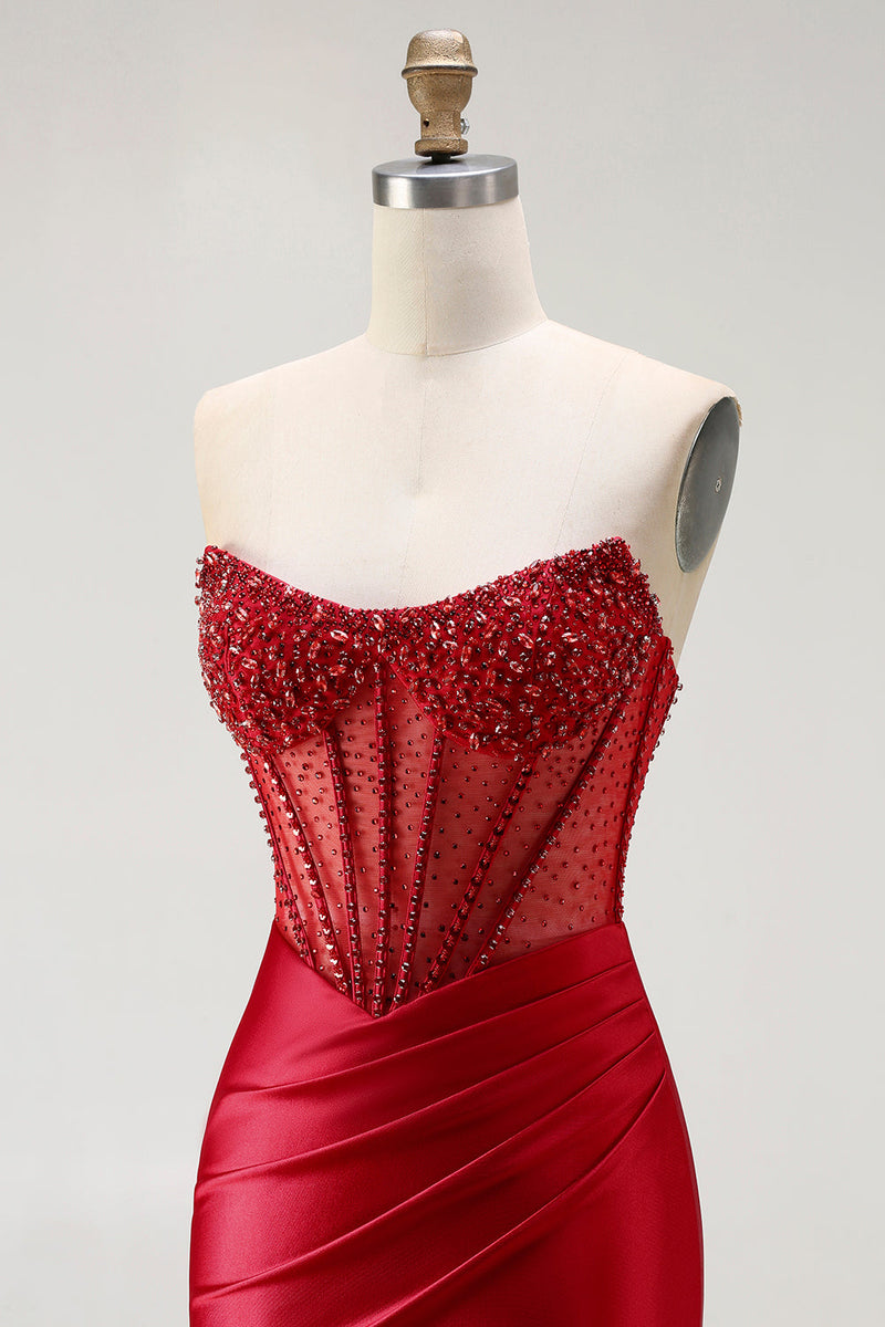 Load image into Gallery viewer, Sparkly Red Mermaid Satin Beaded Long Corset Prom Dress with Slit