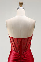 Load image into Gallery viewer, Sparkly Red Mermaid Satin Beaded Long Corset Prom Dress with Slit