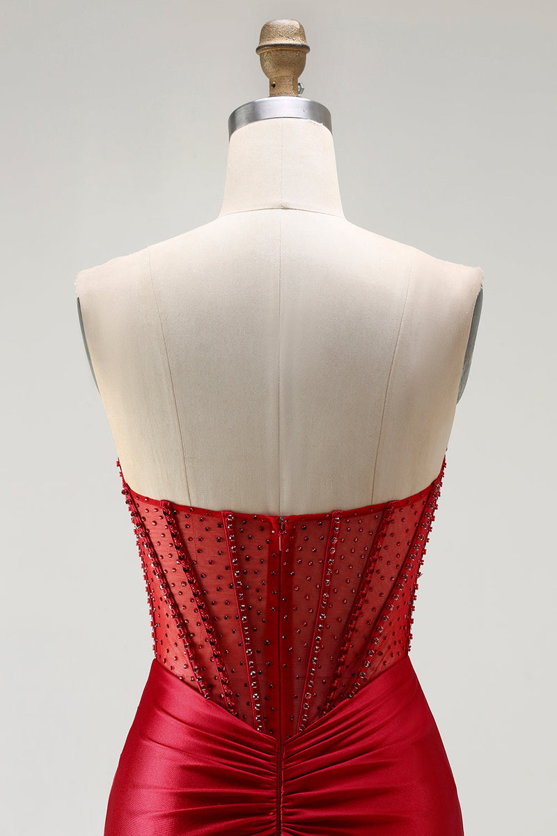 Load image into Gallery viewer, Sparkly Red Mermaid Satin Beaded Long Corset Prom Dress with Slit