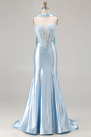Load image into Gallery viewer, Blue Satin Sweetheart Mermaid Long Corset Prom Dress