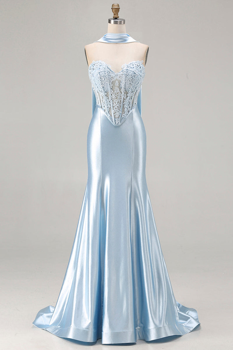 Load image into Gallery viewer, Blue Satin Sweetheart Mermaid Long Corset Prom Dress