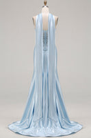 Load image into Gallery viewer, Blue Satin Sweetheart Mermaid Long Corset Prom Dress