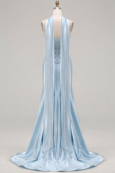 Blue Satin Sweetheart Mermaid Long Corset Prom Dress