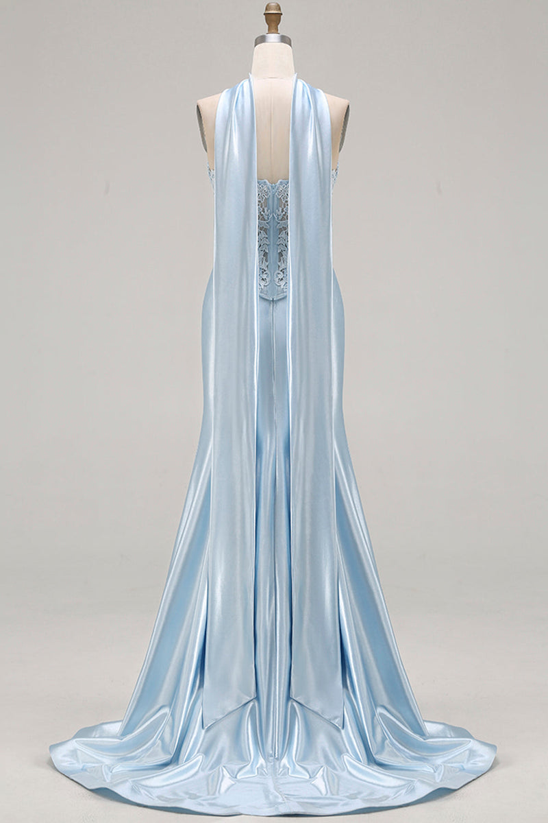 Load image into Gallery viewer, Blue Satin Sweetheart Mermaid Long Corset Prom Dress