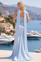 Load image into Gallery viewer, Blue Satin Sweetheart Mermaid Long Corset Prom Dress