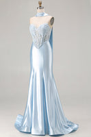 Load image into Gallery viewer, Blue Satin Sweetheart Mermaid Long Corset Prom Dress