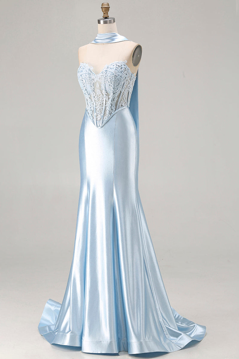 Load image into Gallery viewer, Blue Satin Sweetheart Mermaid Long Corset Prom Dress