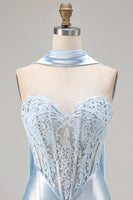 Load image into Gallery viewer, Blue Satin Sweetheart Mermaid Long Corset Prom Dress