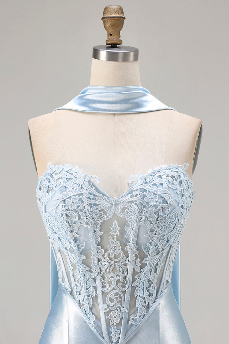 Load image into Gallery viewer, Blue Satin Sweetheart Mermaid Long Corset Prom Dress