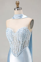 Load image into Gallery viewer, Blue Satin Sweetheart Mermaid Long Corset Prom Dress