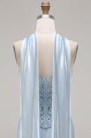 Load image into Gallery viewer, Blue Satin Sweetheart Mermaid Long Corset Prom Dress