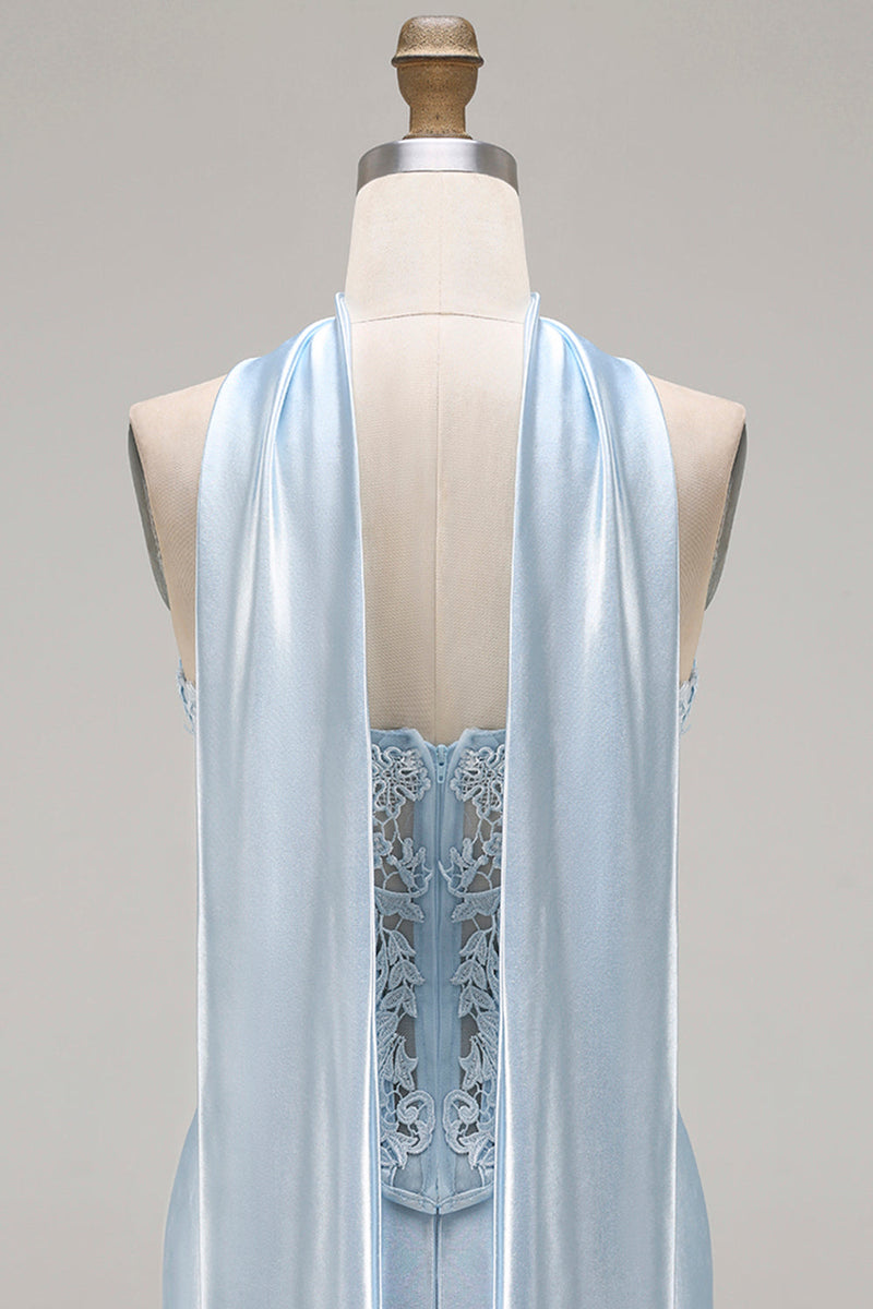 Load image into Gallery viewer, Blue Satin Sweetheart Mermaid Long Corset Prom Dress