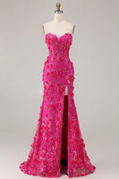 Load image into Gallery viewer, Sparkly Fuchsia Beaded Floral Mermaid Long Corset Prom Dress with Slit