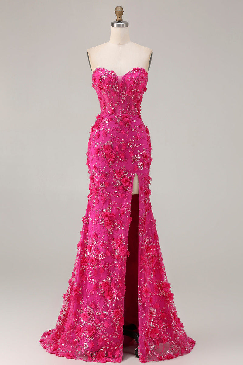 Load image into Gallery viewer, Sparkly Fuchsia Beaded Floral Mermaid Long Corset Prom Dress with Slit