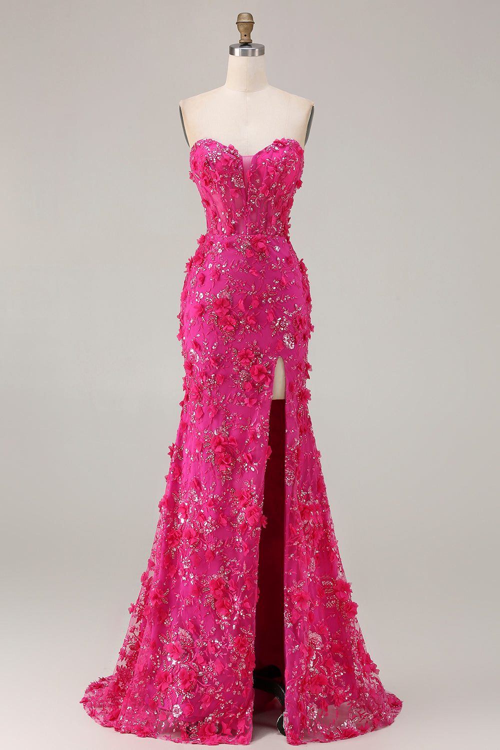 Sparkly Fuchsia Beaded Floral Mermaid Long Corset Prom Dress with Slit