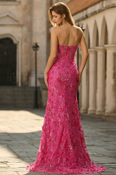 Sparkly Fuchsia Mermaid Beaded Floral Long Corset Prom Dress with Slit