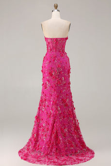 Sparkly Fuchsia Beaded Floral Mermaid Long Corset Prom Dress with Slit