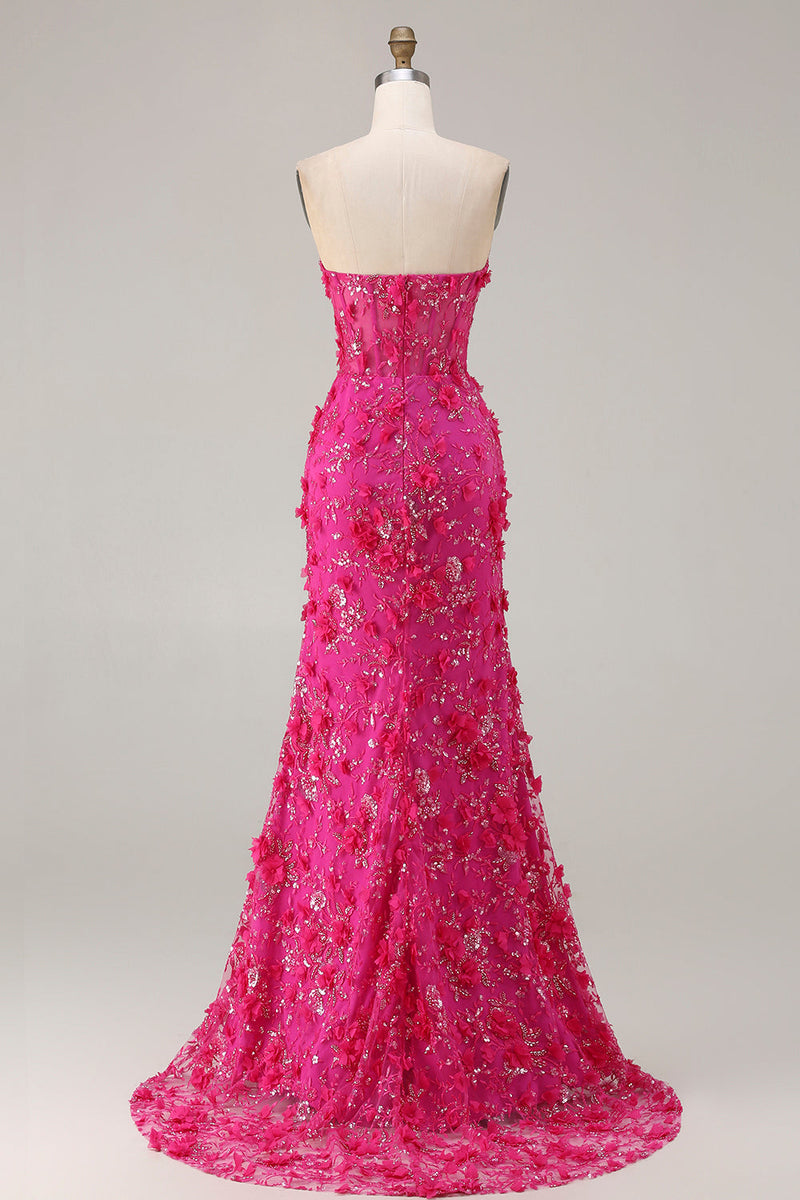 Load image into Gallery viewer, Sparkly Fuchsia Beaded Floral Mermaid Long Corset Prom Dress with Slit