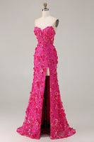 Load image into Gallery viewer, Sparkly Fuchsia Beaded Floral Mermaid Long Corset Prom Dress with Slit