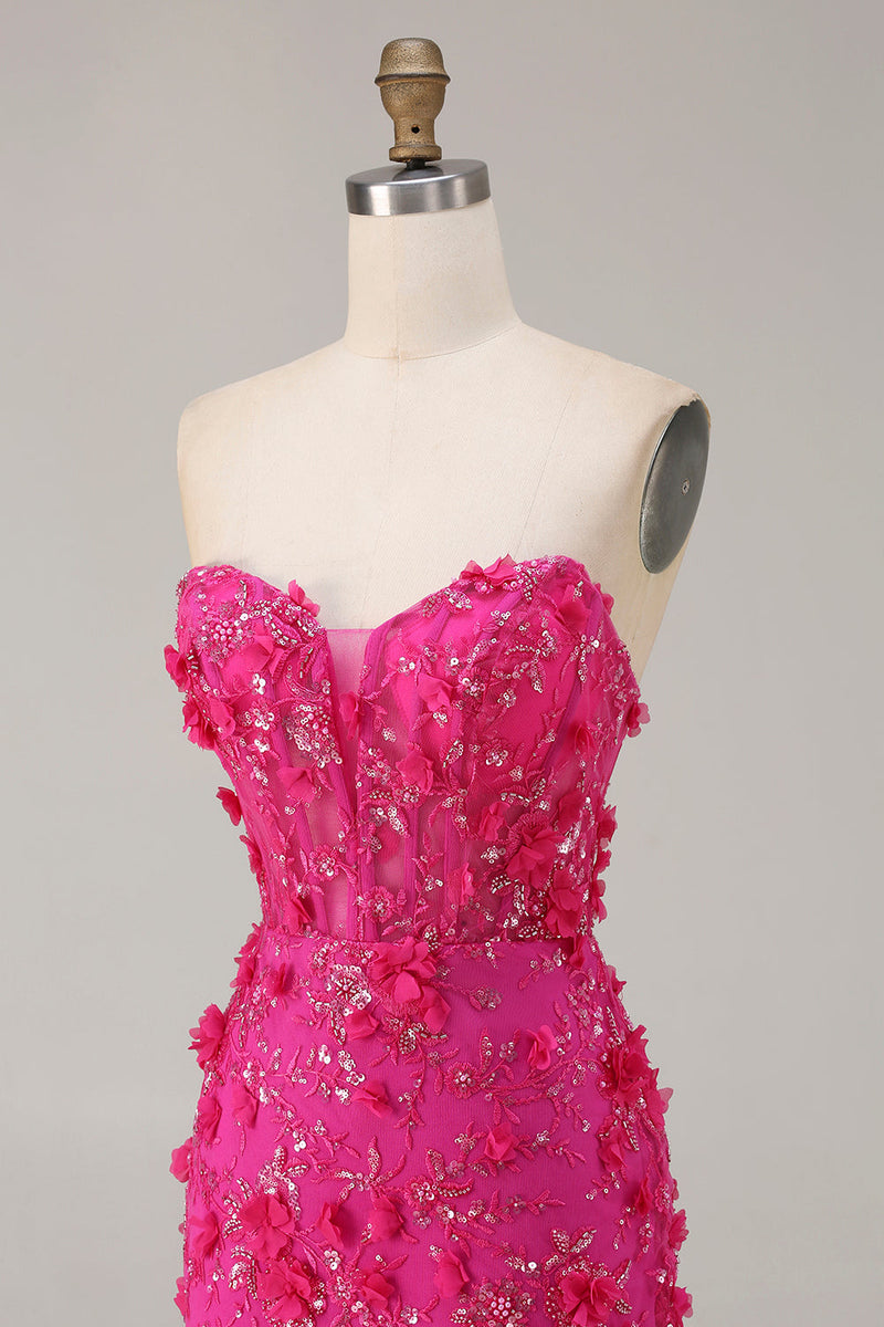 Load image into Gallery viewer, Sparkly Fuchsia Beaded Floral Mermaid Long Corset Prom Dress with Slit