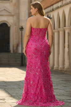 Sparkly Fuchsia Plus Size Beaded Floral Mermaid Long Corset Prom Dress with Slit