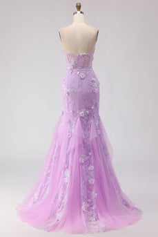Floral Purple Lace Tulle Strapless Mermaid Long Corset Prom Dress