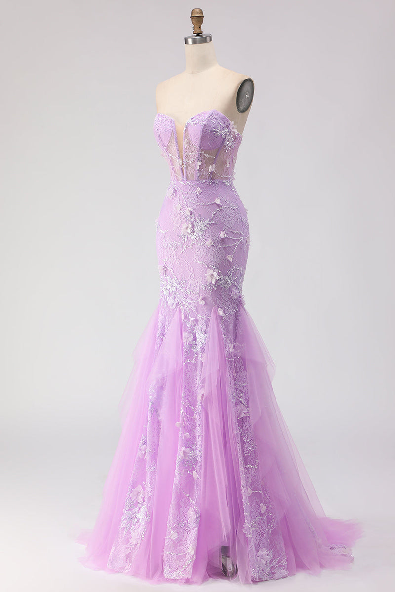 Load image into Gallery viewer, Floral Purple Lace Tulle Strapless Mermaid Long Corset Prom Dress