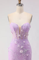 Load image into Gallery viewer, Floral Purple Lace Tulle Strapless Mermaid Long Corset Prom Dress
