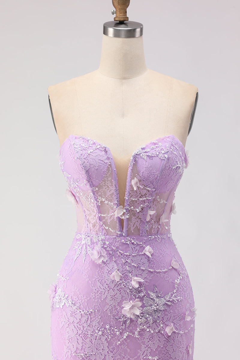 Load image into Gallery viewer, Floral Purple Lace Tulle Strapless Mermaid Long Corset Prom Dress