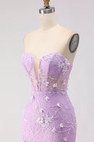 Load image into Gallery viewer, Floral Yellow Tulle Strapless Mermaid Long Corset Prom Dress with Lace