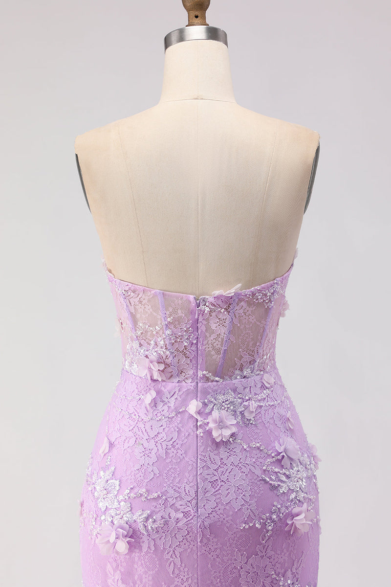 Load image into Gallery viewer, Floral Purple Lace Tulle Strapless Mermaid Long Corset Prom Dress