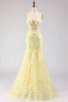Load image into Gallery viewer, Floral Yellow Tulle Strapless Mermaid Long Corset Prom Dress with Lace