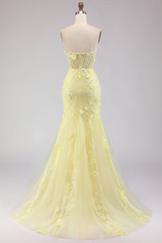 Floral Yellow Tulle Strapless Mermaid Long Corset Prom Dress with Lace