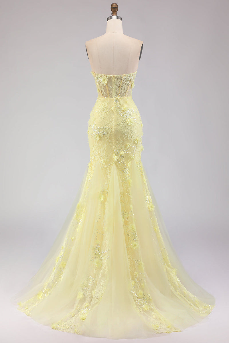 Load image into Gallery viewer, Floral Yellow Tulle Strapless Mermaid Long Corset Prom Dress with Lace