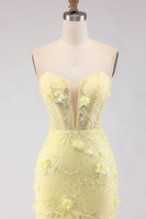 Load image into Gallery viewer, Floral Yellow Tulle Strapless Mermaid Long Corset Prom Dress with Lace
