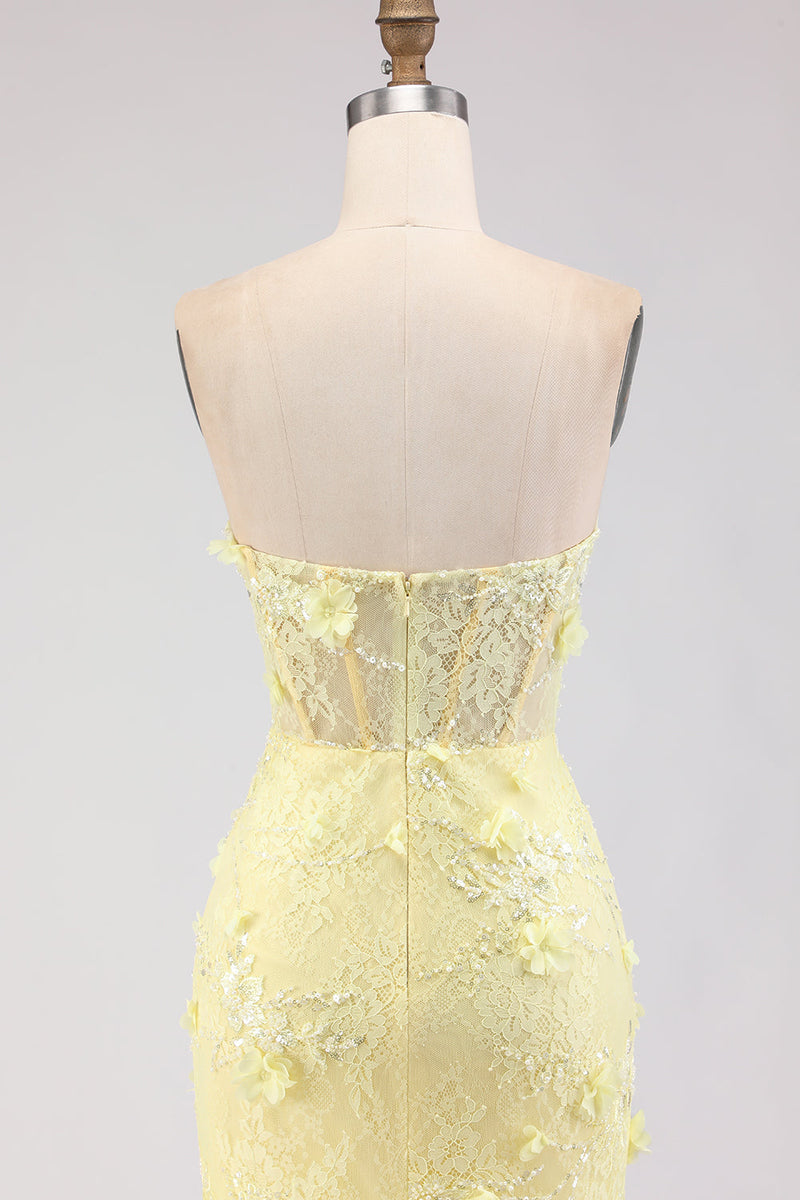 Load image into Gallery viewer, Floral Yellow Tulle Strapless Mermaid Long Corset Prom Dress with Lace