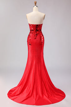 Sparkly Red Mirror Mermaid Sweetheart Long Prom Dress with Slit