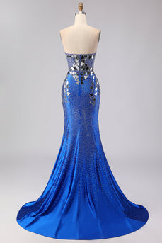 Sparkly Royal Blue Mirror Sweetheart Beaded Long Prom Dress with Slit