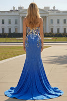 Load image into Gallery viewer, Sparkly Royal Blue Mirror Sweetheart Beaded Long Prom Dress with Slit