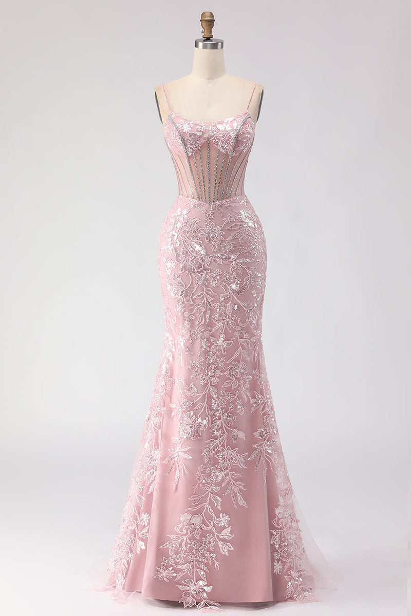 Load image into Gallery viewer, Sparkly Floral Blush Lace Sequin Long Corset Prom Dress with Rhinestone