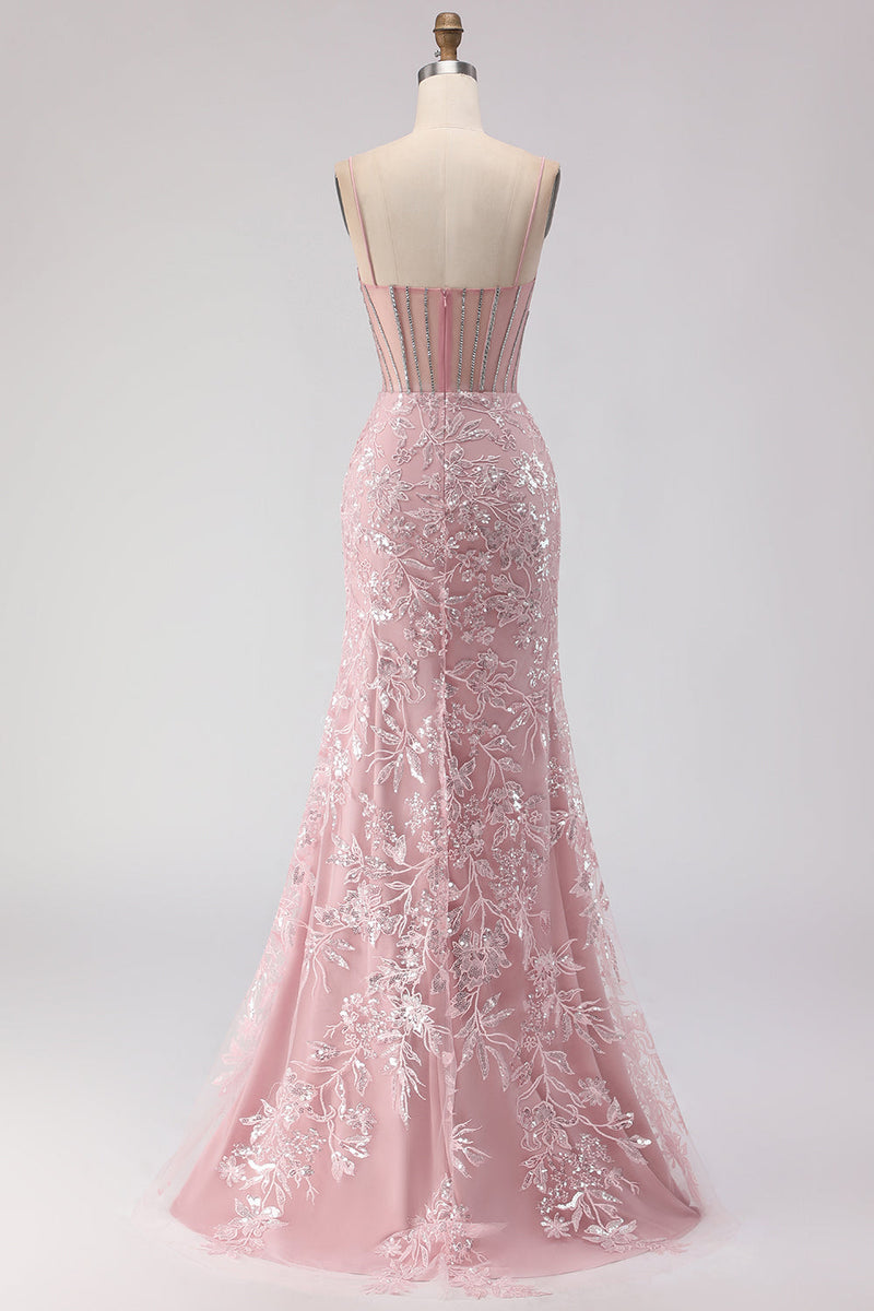 Load image into Gallery viewer, Sparkly Floral Blush Lace Sequin Long Corset Prom Dress with Rhinestone