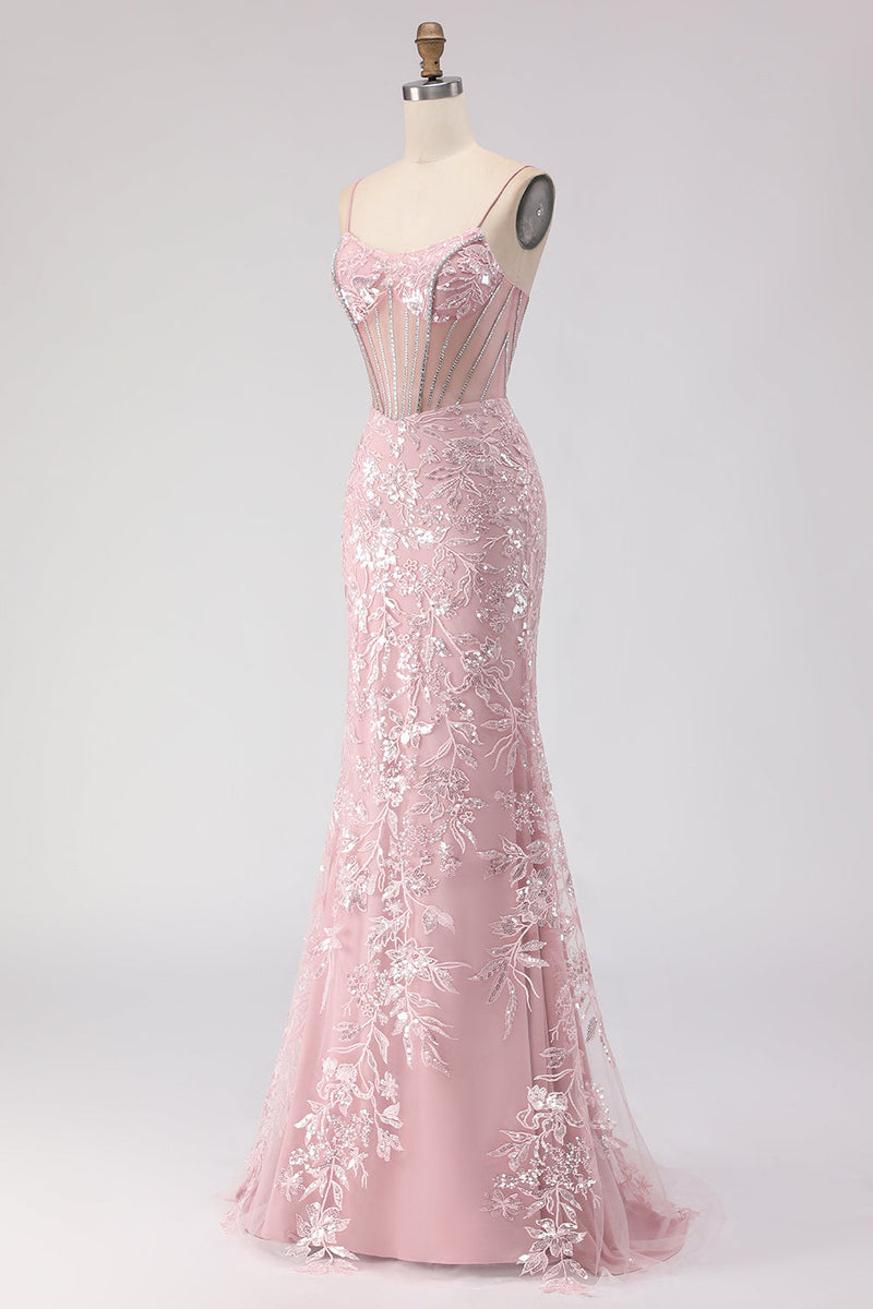 Load image into Gallery viewer, Sparkly Floral Blush Lace Sequin Long Corset Prom Dress with Rhinestone