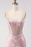 Load image into Gallery viewer, Sparkly Floral Blush Lace Sequin Long Corset Prom Dress with Rhinestone