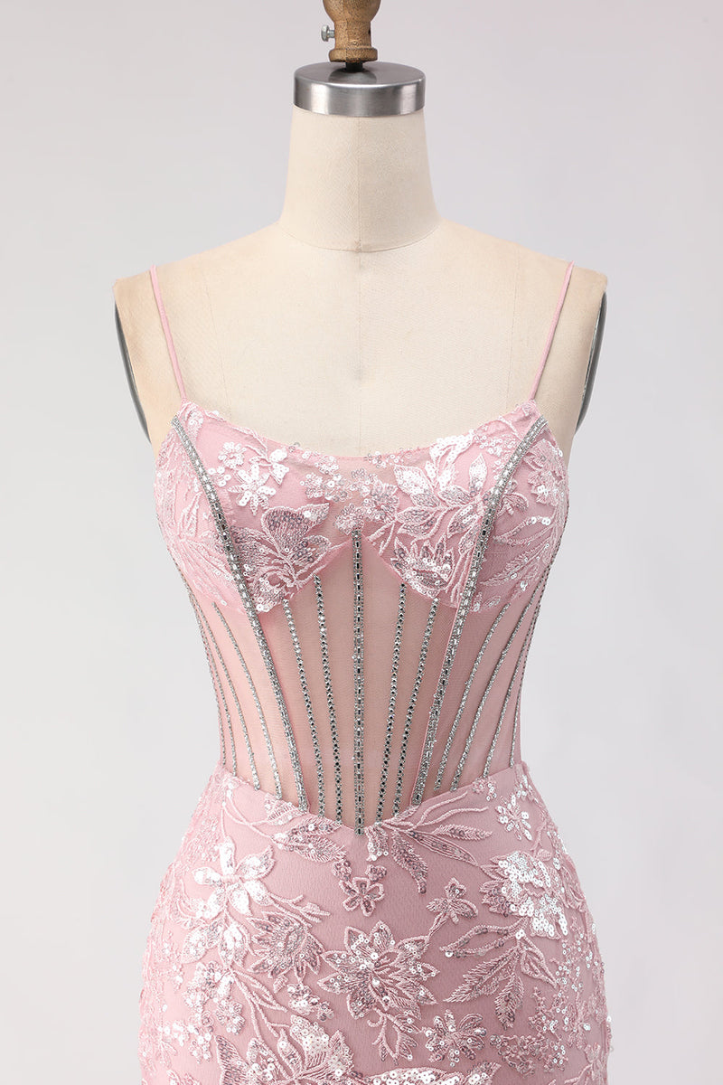 Load image into Gallery viewer, Sparkly Floral Blush Lace Sequin Long Corset Prom Dress with Rhinestone