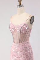 Load image into Gallery viewer, Sparkly Floral Blush Lace Sequin Long Corset Prom Dress with Rhinestone