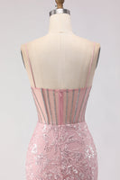 Load image into Gallery viewer, Sparkly Floral Blush Lace Sequin Long Corset Prom Dress with Rhinestone
